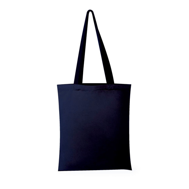 A dark navy tote bag with long handles, featuring a simple design and a logo.