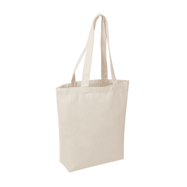 A beige natural canvas tote bag with long handles and a simple design, featuring a logo.