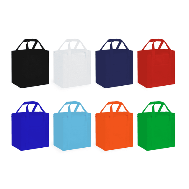 A collection of 20 litre non-woven cooler bags in black, white, navy, red, light blue, orange, dark blue, and bright orange. Each bag has handles.