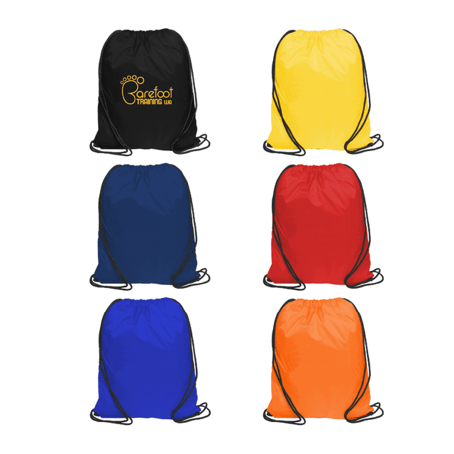 A set of nylon drawstring bags in black, yellow, blue, red, and orange, featuring a logo on the black bag.