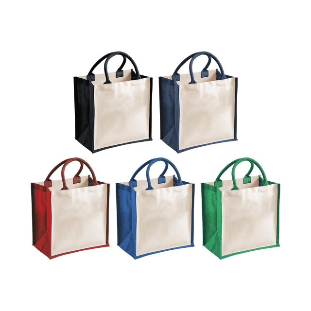 Medium jute supermarket totes in navy, red, green, and blue, featuring a plain fabric front and handles.