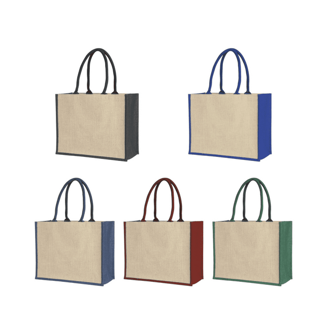 Laminated jute supermarket bags in five colours: black, blue, red, green, and brown, each with coloured handles and gussets.