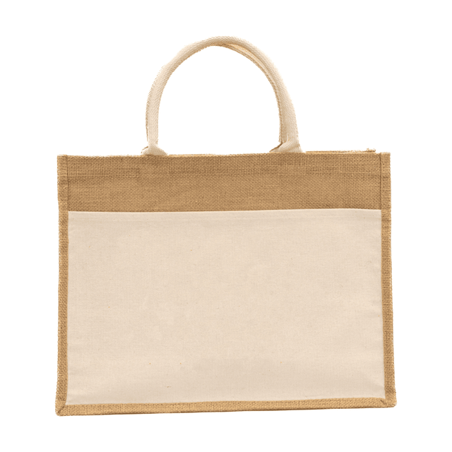Laminated jute beach bag in tan and cream with cotton handles and a front pocket. Features a logo.