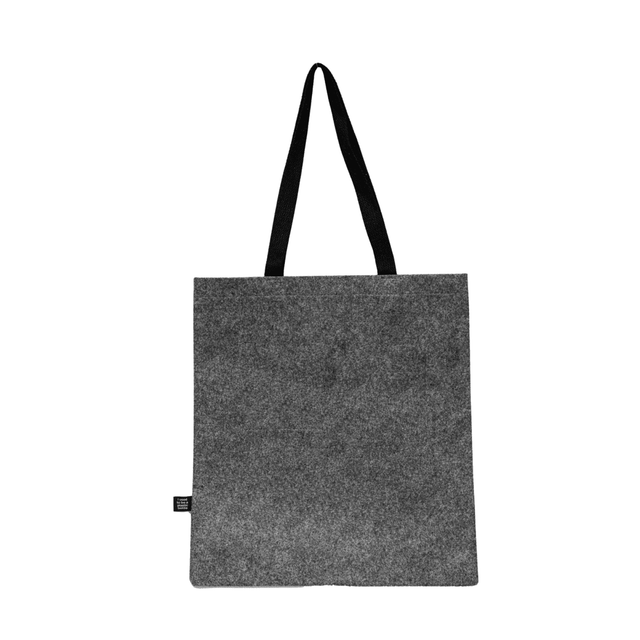A grey felt tote bag with black handles, featuring a small logo tag on the side.