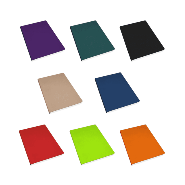 A collection of A5 notebooks in various colours: purple, teal, black, beige, navy, red, green, and orange. Each notebook has a smooth cover and a logo.