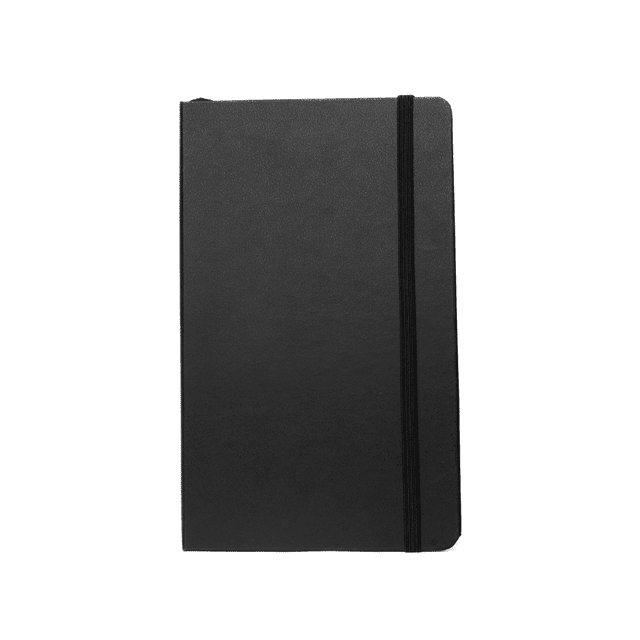 A5 premium hard cover notebook in black with an elastic band closure and a logo on the front.