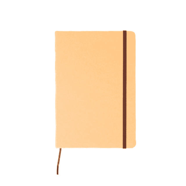 A recycled notebook with a brown elastic closure and a soft, beige cover. It has a logo on the front.