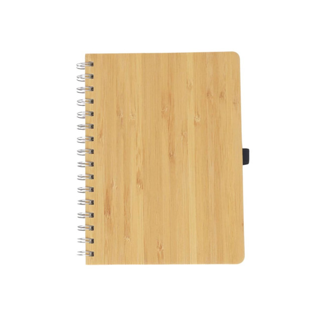 A bamboo notebook featuring a wooden texture, spiral binding, and a secure closure in a natural light brown colour.