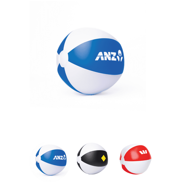 A beach ball, 30cm in size, featuring blue, white, and red panels, with a logo displayed on it.