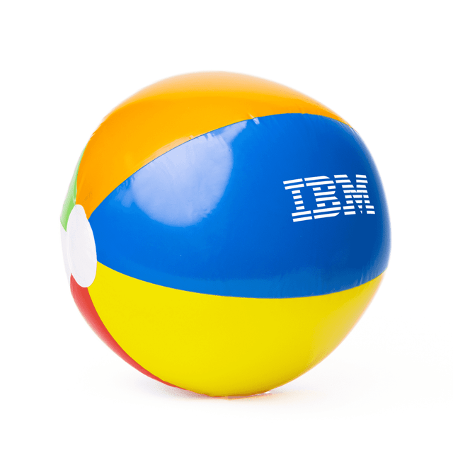 A multi-colour beach ball featuring yellow, blue, red, and green sections, with a logo on one side.