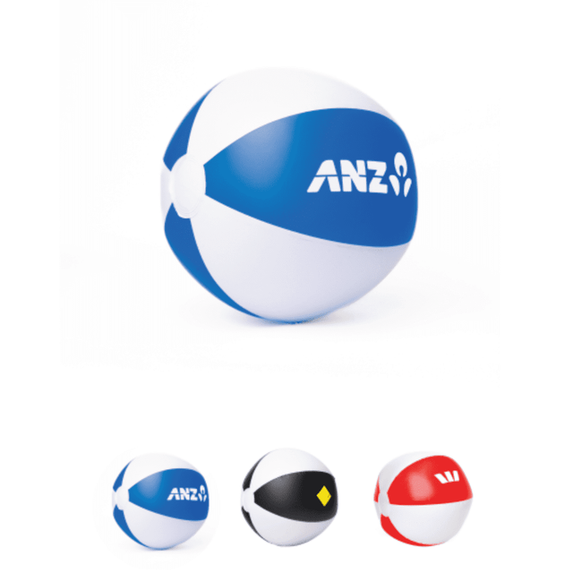 A beach ball with blue, white, and red sections, featuring a logo. Also shown are two additional beach balls in different colours.