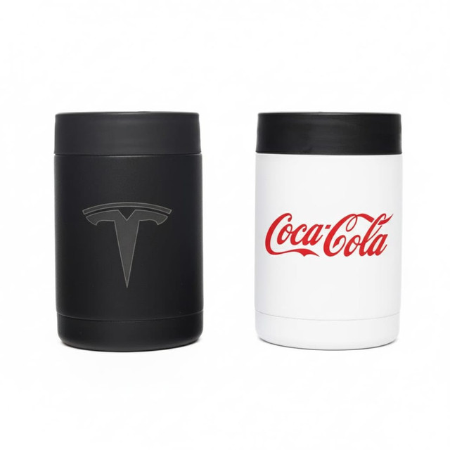 A stainless steel stubby holder in black and white featuring a logo on the black holder and branding on the white holder.