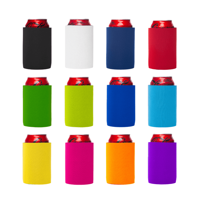 A collection of stubby coolers in black, white, blue, red, green, yellow, light blue, orange, and purple, each with a drink can.