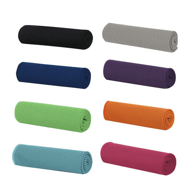 A collection of large cooling towels in black, grey, blue, purple, green, orange, and pink. Some have a textured finish.