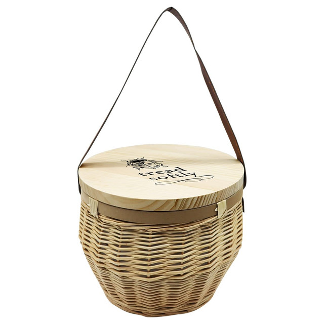 A wooden cooler basket with a circular lid, featuring a woven design and a brown strap for carrying.