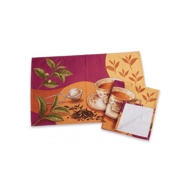A set of tea towels featuring vibrant orange and purple colours, with illustrations of tea cups and leaves.