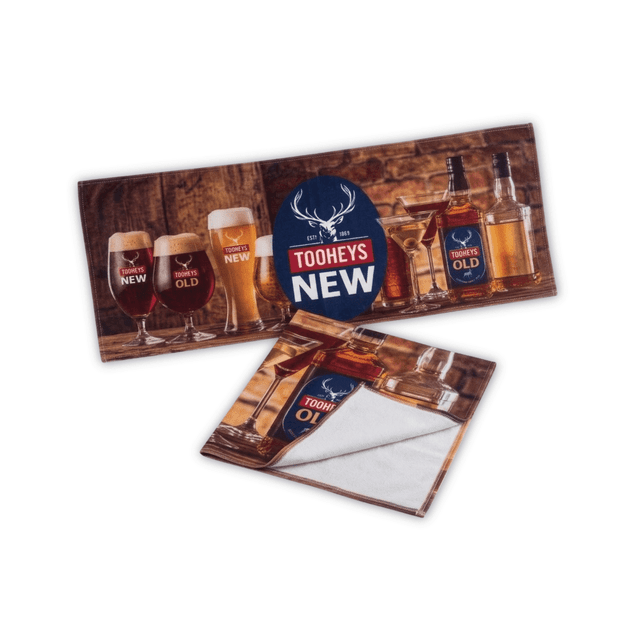 A bar towel featuring a design with beer glasses and bottles, primarily in brown, with a logo displayed.