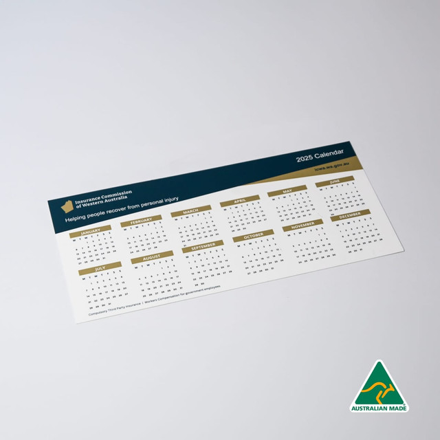 A white magnetic calendar featuring a clean layout with multiple months displayed and a logo in the corner.