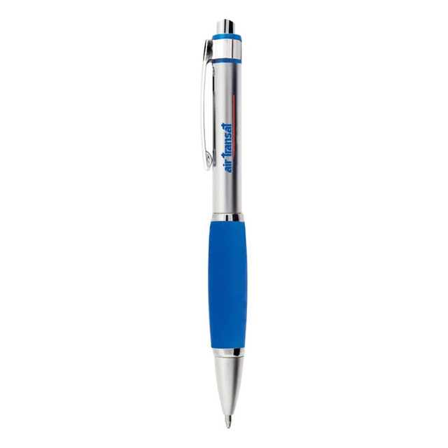 A metal pen with a blue rubber grip and silver accents, featuring a logo.