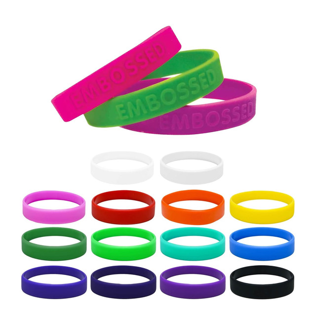 Colourful silicone wristbands in various shades, featuring embossed text. Includes purple, green, white, orange, yellow, and black bands.