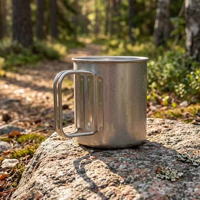 A titanium cup rests on a rock, with a silver metallic finish, surrounded by greenery and a forest path.
