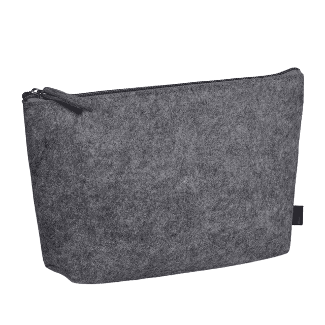 A grey RPET felt mini cosmetic bag with a zip closure and a small logo on the side.