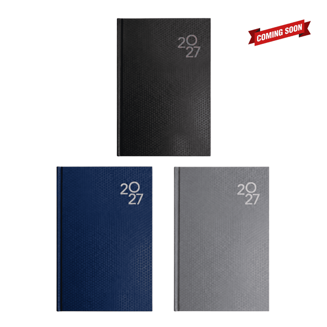 A set of three A5 diaries in black, navy, and grey, featuring a textured cover and a logo.