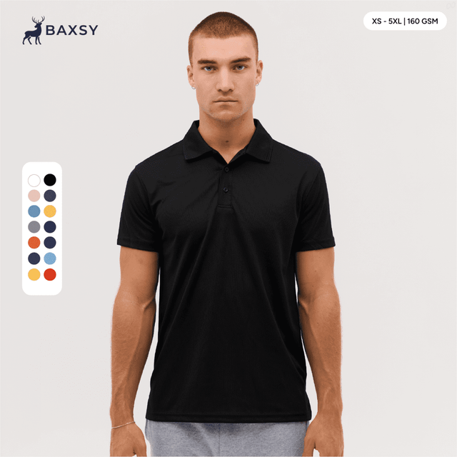A black polo shirt displayed on a model, featuring a collar and short sleeves. Includes a colour guide on the side.