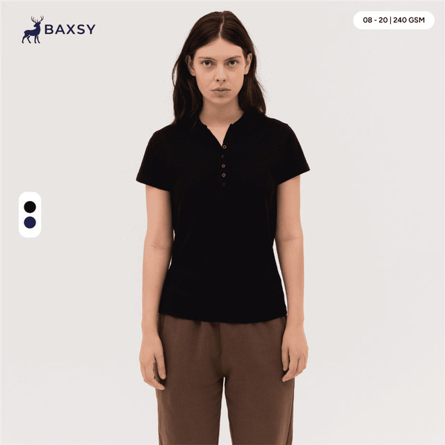 A black women's polo shirt with a buttoned collar displayed on a model, featuring a logo.
