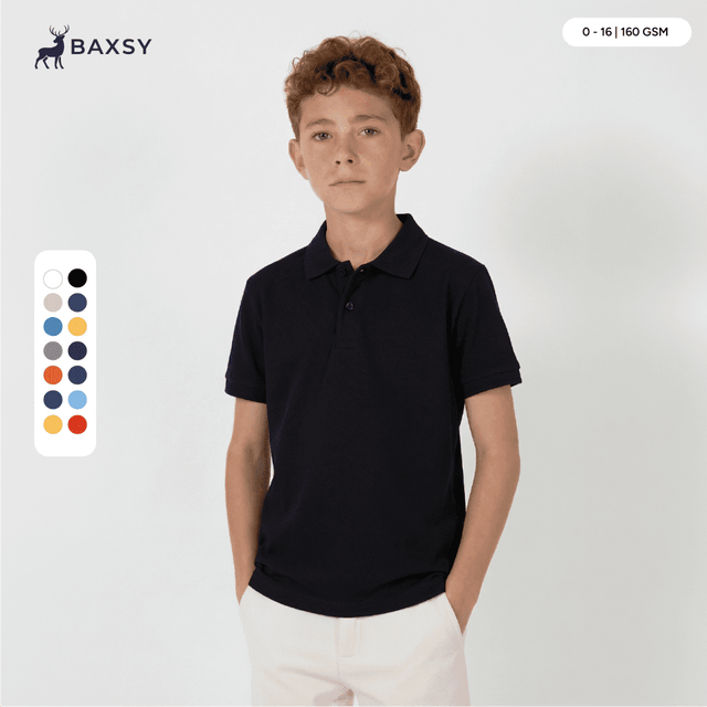 A navy polo shirt for youth, featuring a collar and short sleeves. It has a logo and is available in multiple colours.