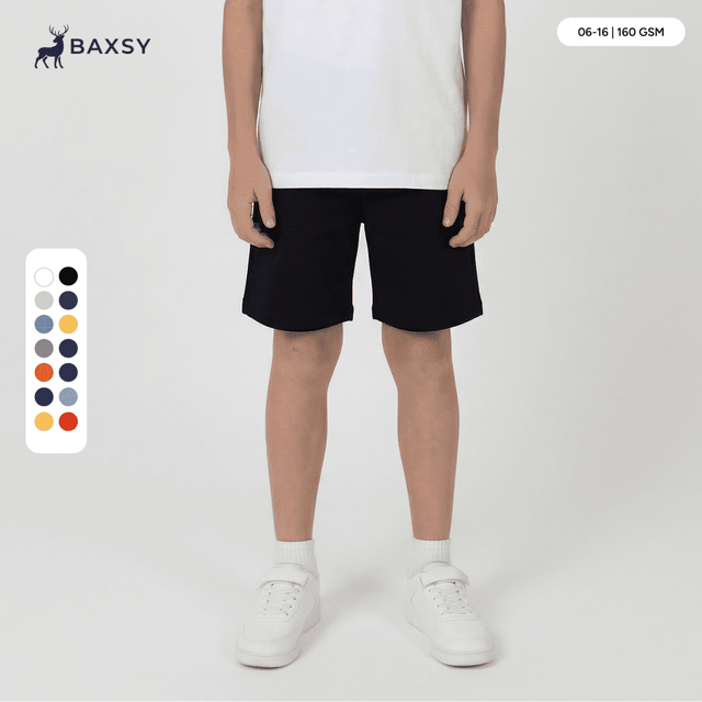 Youth Core Shorts in black, featuring a logo and a colour swatch on the left with various options.