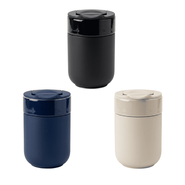 A coffee mug set featuring three ceramic cups in black, navy blue, and beige, each with a sleek design and a lid.
