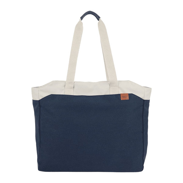 A navy blue and cream tote bag with dual handles and a logo. Spacious design suitable for carrying items.