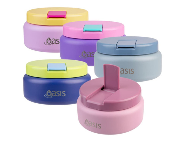 A range of Oasis insulated food flasks in pink, purple, blue, and pastel colours, featuring a logo on each.