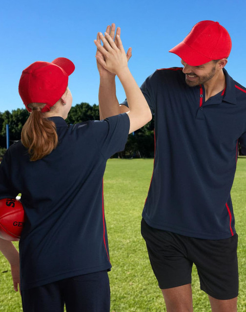A red heavy brushed cotton cap with a curved brim and a logo on the front.