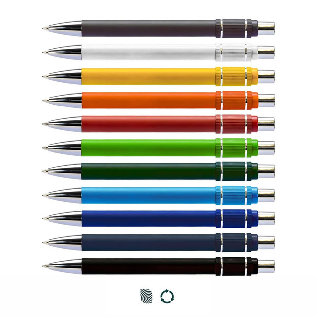 A row of Eon Spinner Pens in various colours: black, white, yellow, orange, red, green, blue, and dark blue. Each has a silver clip.
