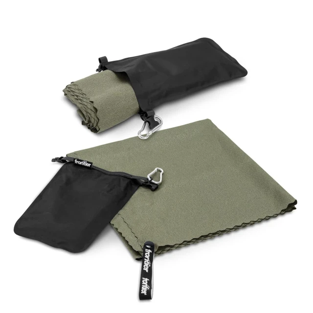 A folded olive green towel with a black carrying pouch and a clip. The towel has a branded logo.