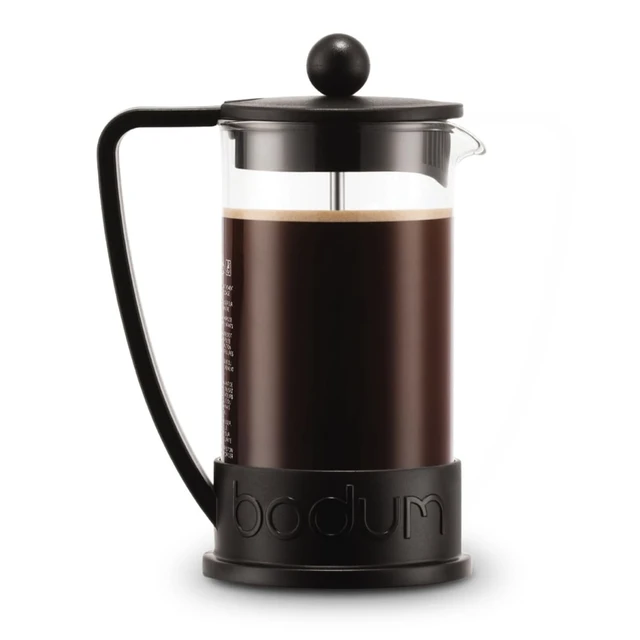 A French press coffee maker in black with a transparent body, featuring a round handle and a plunger.