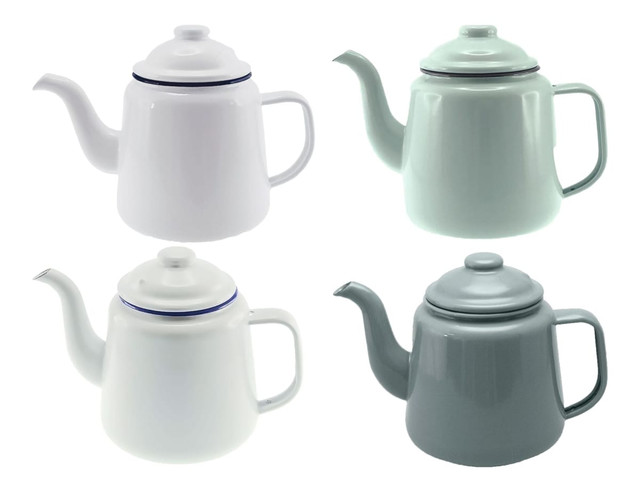 A set of four teapots in white, light green, and grey, featuring a classic design and handles. Each has a logo.