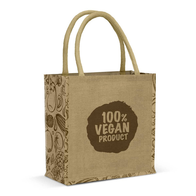 A jute tote bag in natural tones with a patterned design and a logo featuring a vegan message.