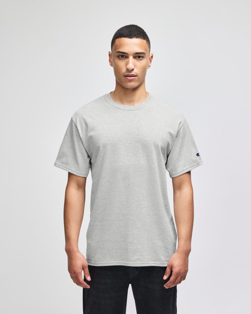 A grey short-sleeve t-shirt featuring a logo on the sleeve, displayed on a model.