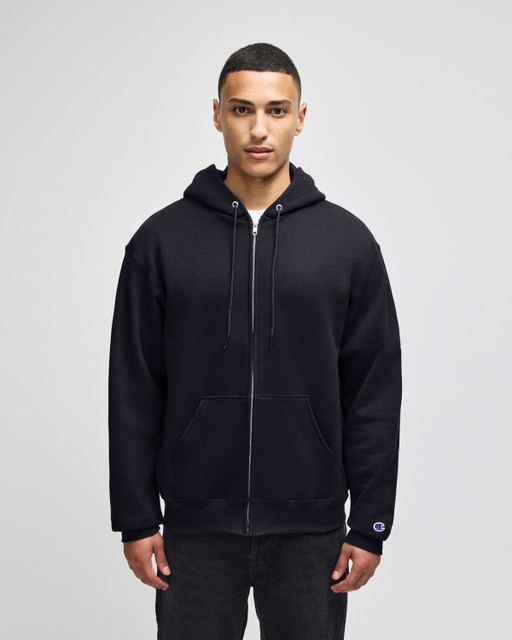 A black full-zip hooded sweatshirt with a front zipper and a logo on the sleeve.