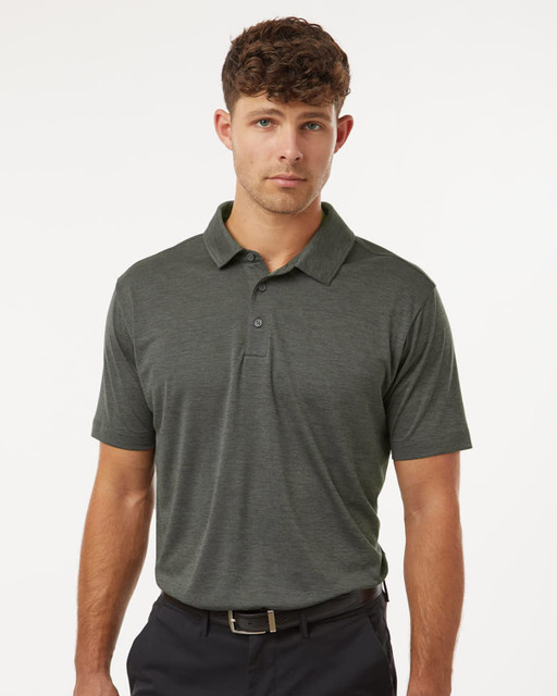 A men's heather melange polo in dark green, featuring a collar and a logo.