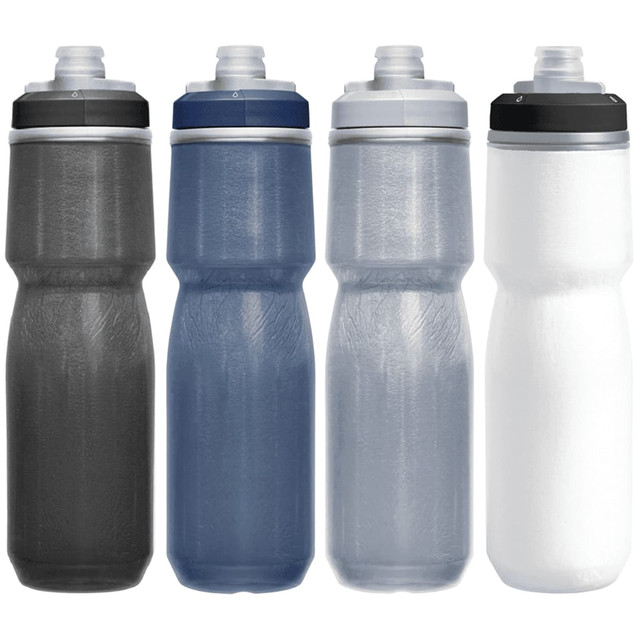 A drink bottle collection in black, dark blue, light blue, and white, featuring a brand logo.