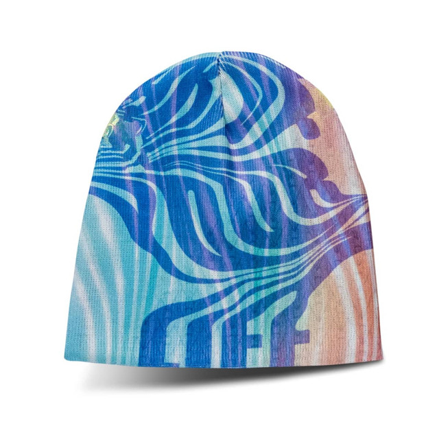 A full-colour beanie featuring vibrant blue and pastel striped designs, with a logo present.