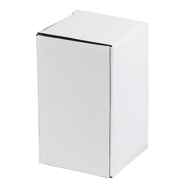 A white cardboard box with a simple design. Features one side flap and has a logo on the surface.