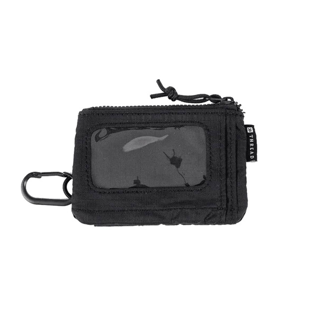 A black pouch wallet with a clear window and a carabiner clip, featuring a simple design and a branding logo.
