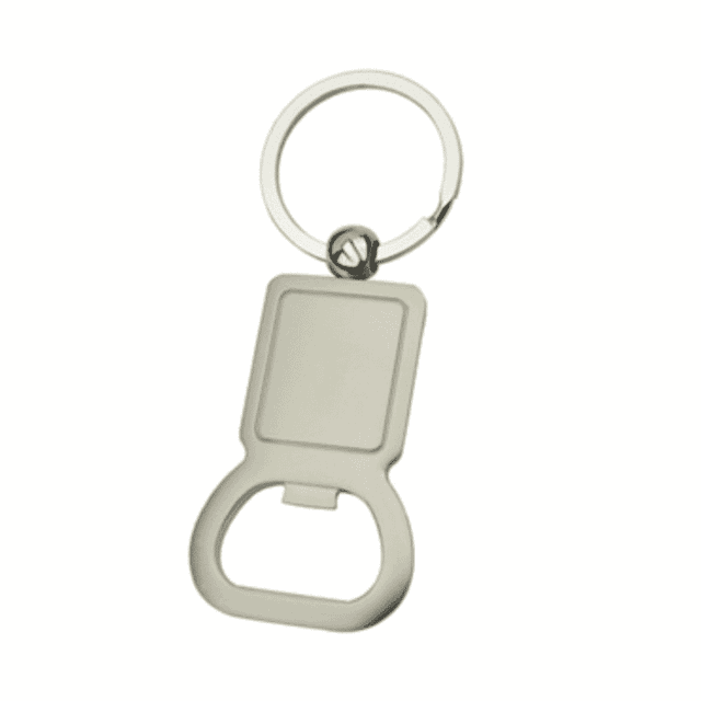 A keyring bottle opener featuring a sleek silver design with a circular attachment.