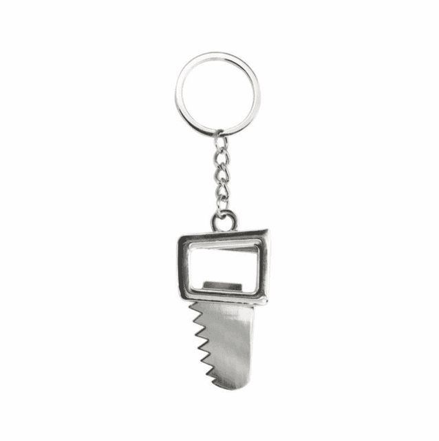 A keyring bottle opener shaped like a saw, made of stainless steel with a shiny finish.