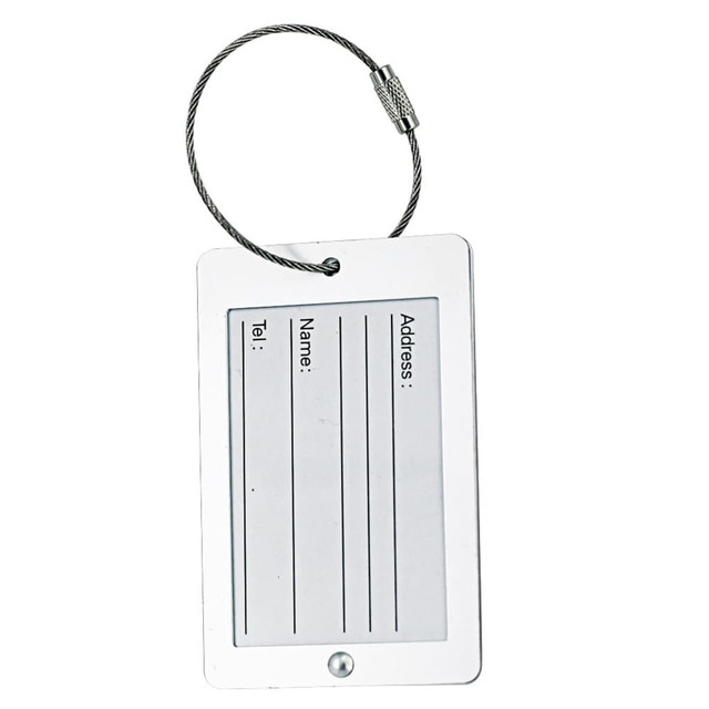 A luggage tag with a silver wire attachment, featuring sections for name and address details on a white background.